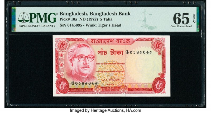 Bangladesh Bangladesh Bank 5 Taka ND (1972) Pick 10a PMG Gem Uncirculated 65 EPQ...