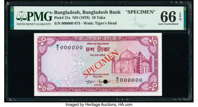 Bangladesh Bangladesh Bank 10 Taka ND (1978) Pick 21s Specimen PMG Gem Uncircula...