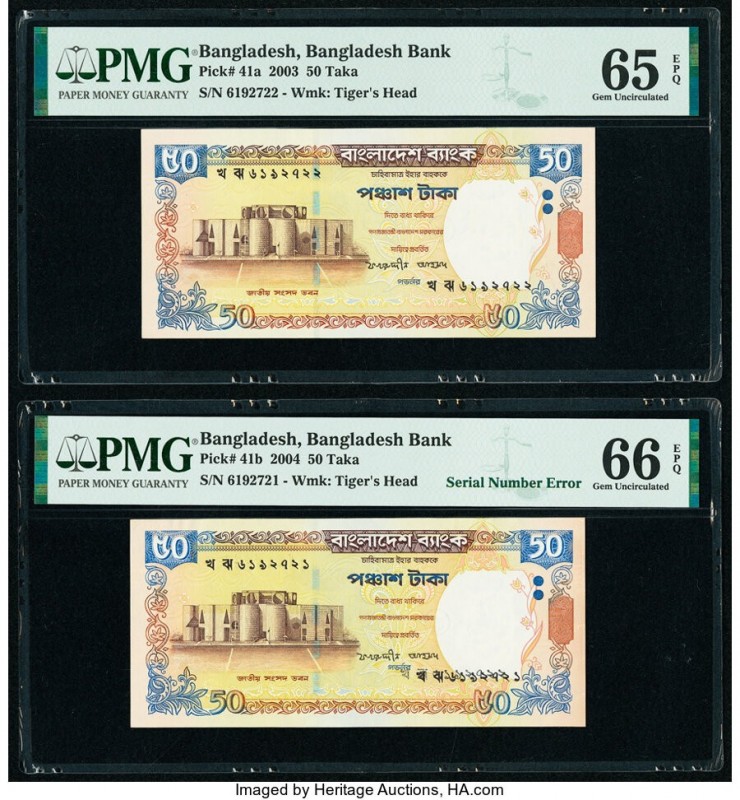 Bangladesh Error Pair Bangladesh Bank 50 Taka 2003; 2004 Pick 41a; 41b PMG Gem U...
