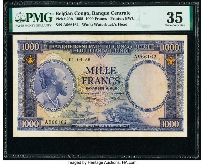 Belgian Congo Banque Centrale du Congo Belge 1000 Francs 1.4.1955 Pick 29b PMG C...