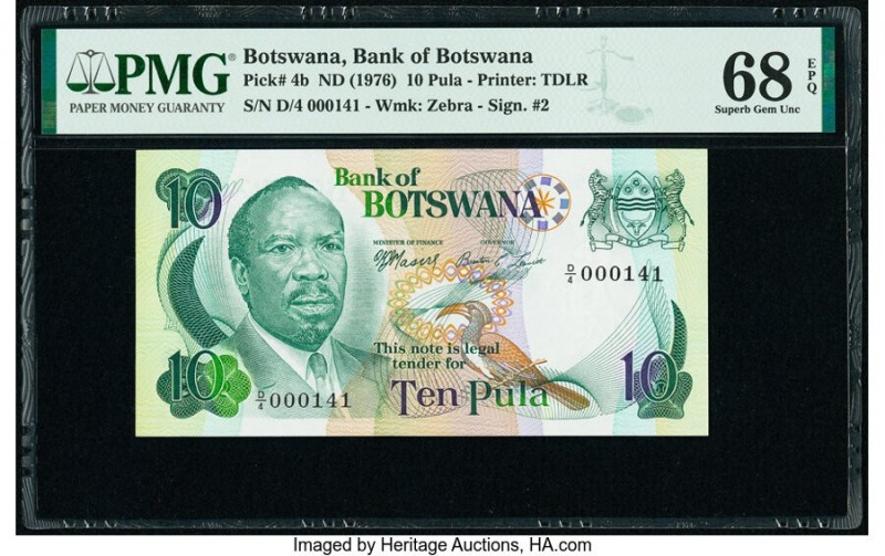 Botswana Bank of Botswana 10 Pula ND (1976) Pick 4b PMG Superb Gem Unc 68 EPQ. 
...