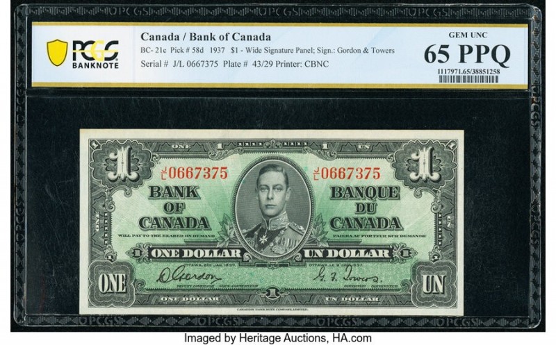 Canada Bank of Canada $1 2.1.1937 Pick 58d BC-21d PCGS Banknote Gem UNC 65PPQ. 
...