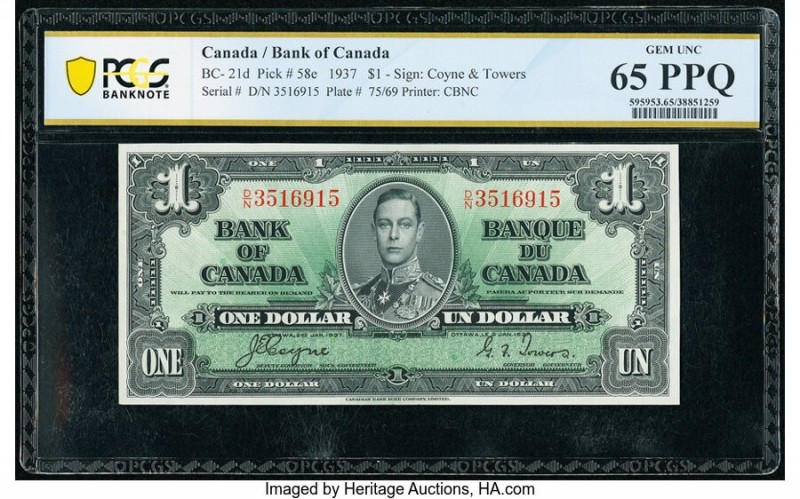 Canada Bank of Canada $1 2.1.1937 Pick 58e BC-21d PCGS Banknote Gem UNC 65PPQ. 
...