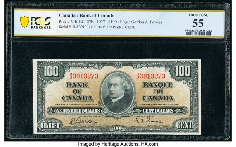 Canada Bank of Canada $100 2.1.1937 Pick 64b BC-27b PCGS Banknote About UNC 55. ...