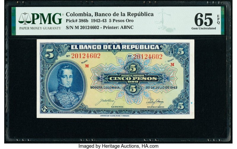 Colombia Banco de la Republica 5 Pesos Oro 20.7.1943 Pick 386b PMG Gem Uncircula...