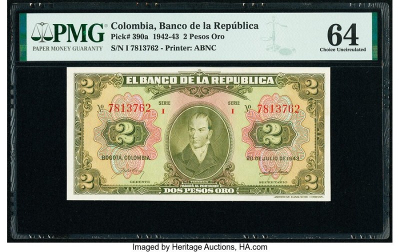 Colombia Banco de la Republica 2 Pesos Oro 20.7.1943 Pick 390a PMG Choice Uncirc...