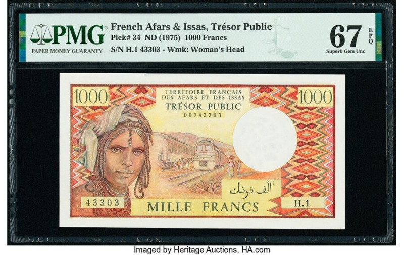 French Afars & Issas Tresor Public 1000 Francs ND (1975) Pick 34 PMG Superb Gem ...