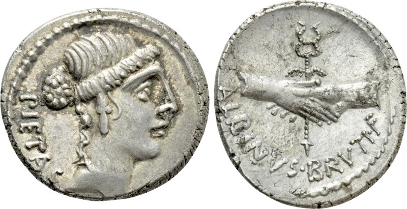 ALBINUS BRUTI F. Denarius (48 BC). Rome. 

Obv: PIETAS. 
Head of Pietas right...