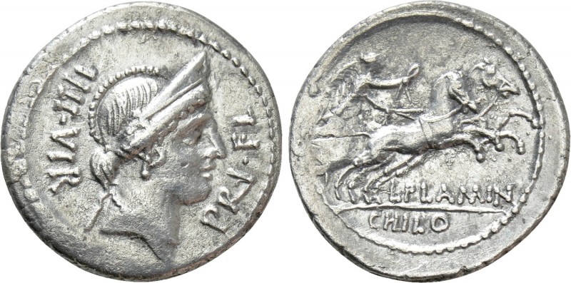 L. FLAMINIUS CHILO. Denarius (43 BC). Rome. 

Obv: IIII VIR / PRI FL. 
Diadem...
