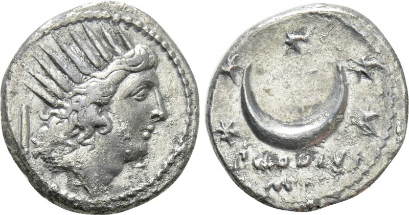 P. CLODIUS M.F. TURRINUS. Denarius (42 BC). Rome. 

Obv: Radiate head of Sol r...