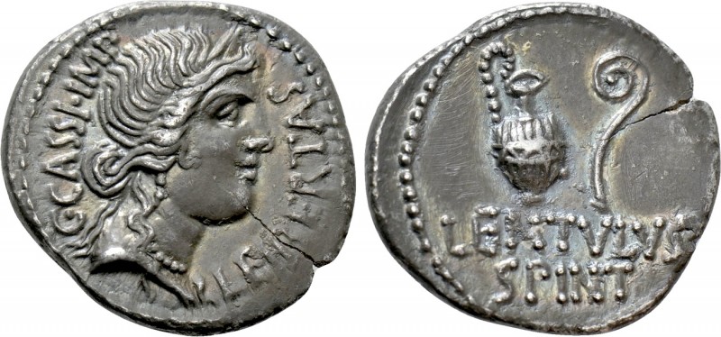 C. CASSIUS LONGINUS (42 BC). Denarius. P. Lentulus Spinther, legate. Military mi...