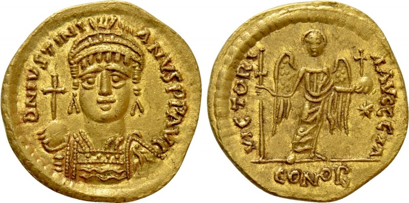 JUSTINIAN I (527-565). GOLD Solidus. Rome.

Obv: D N IVSTINIANVS P P AVG.
Hel...