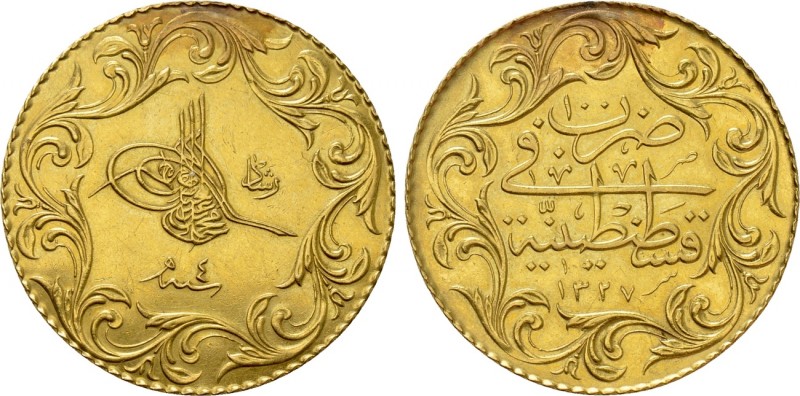 OTTOMAN EMPIRE. Mehmet V (1327-1337 AH / 1909-1918 AD). GOLD 100 Kurush deluxe. ...