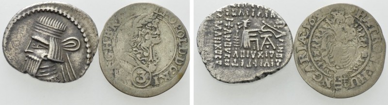 2 Coins; Parthia / Nagybanya. 

Obv: .
Rev: .

. 

Condition: See picture...