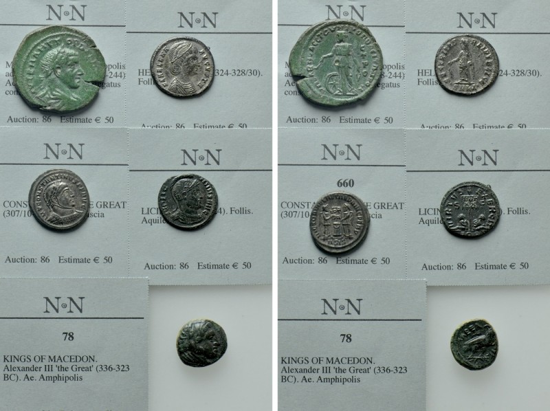 5 Roman and Greek Coins; Licinius I and Helena. 

Obv: .
Rev: .

. 

Cond...