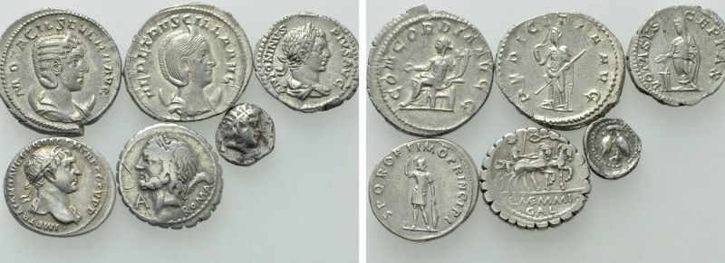 6 Roman and Greek Coins. 

Obv: .
Rev: .

. 

Condition: See picture.

...