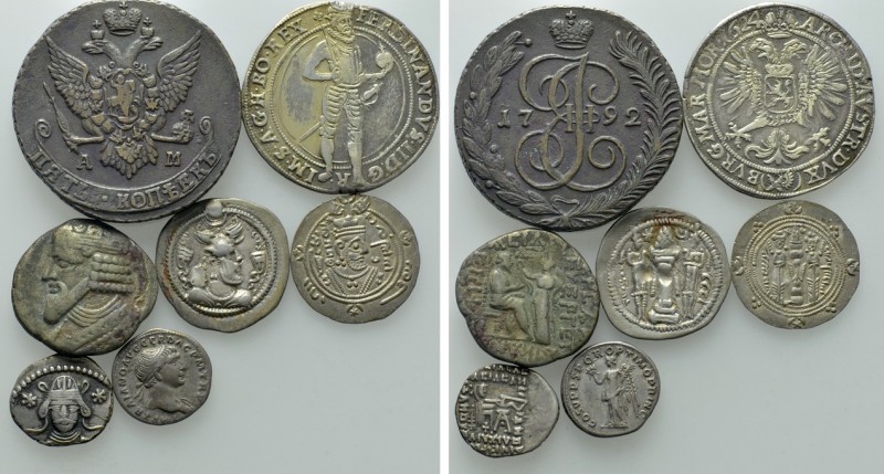 7 Coins; Russia, Rome, Tabaristan etc. 

Obv: .
Rev: .

. 

Condition: Se...