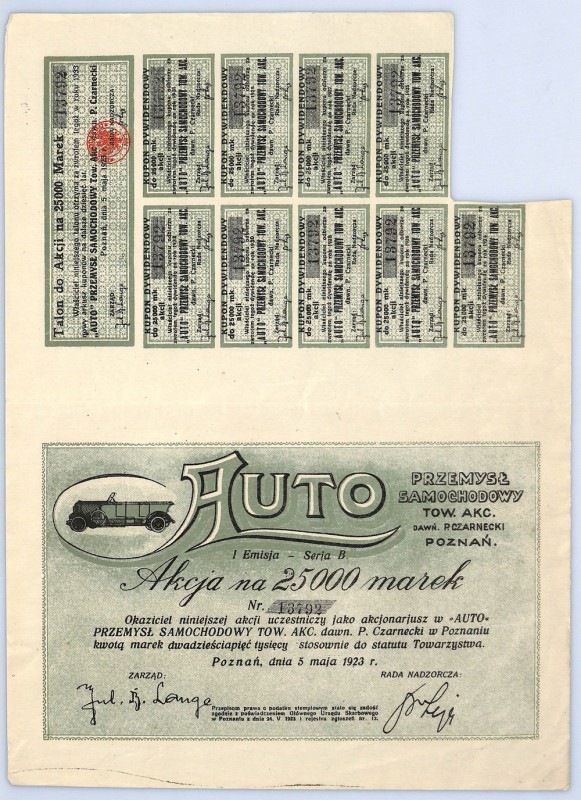 Auto, Przemysł Samochodowy, Em.I, 25000 marek 1923 Branża motoryzacyjna zawsze w...
