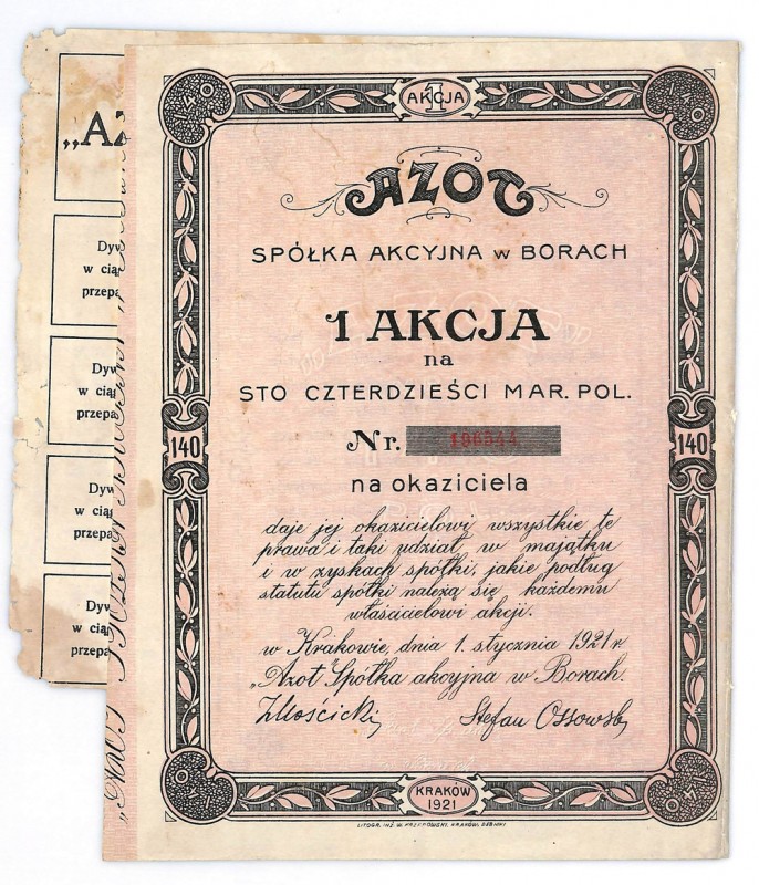 AZOT Spółka Akcyjna w Borach, Em.1, 140 marek 1921 Podpis (a dokładniej faksymil...