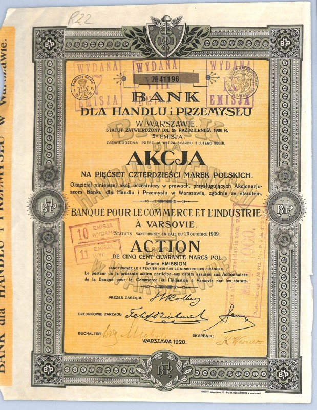 Bank dla Handlu i Przemysłu, Em.V, 540 marek 1920 Bankierski papier, zatem licyt...
