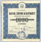 Bank Ziemi Kaliskiej SA, Em.I, 1000 marek - nieznana emisja Akcje złotowe tego regionalnego banku działającego w Kaliszu czasami trafiły do obrotu. Ak...