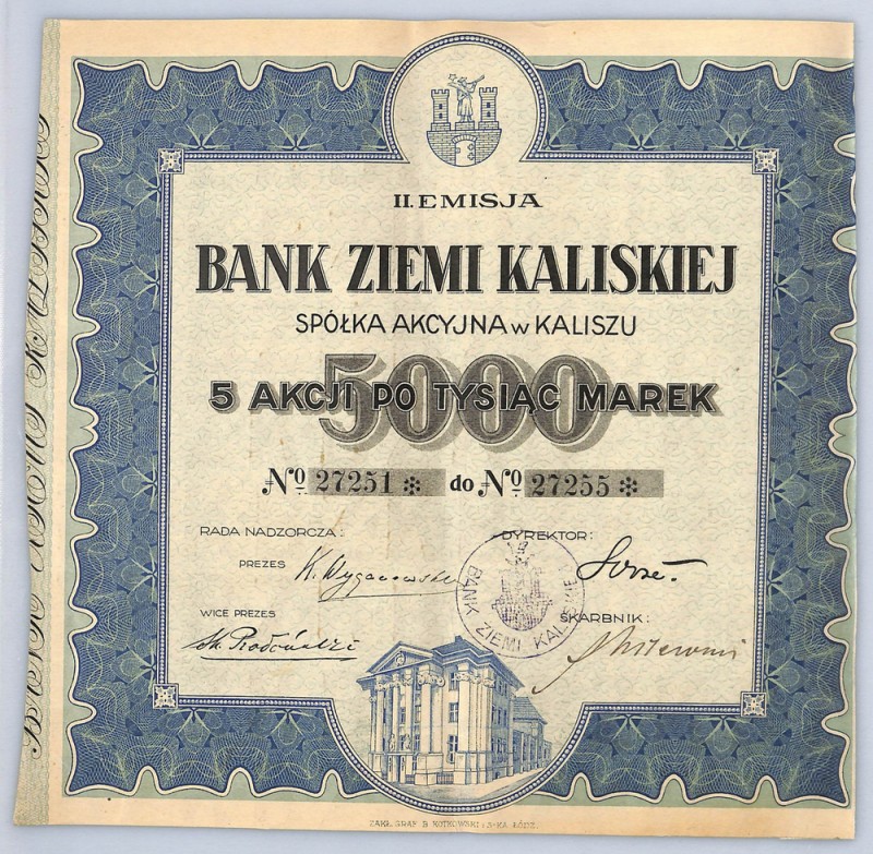 Bank Ziemi Kaliskiej SA, Em.I, 5 x 1000 marek - rzadkie Akcje złotowe tego regio...