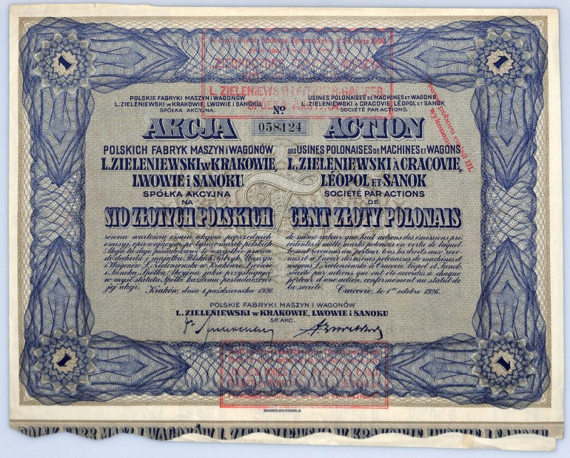 Polskie Fabryki Maszyn i Wagonów L.Zieleniewski, 100 złotych 1926 Zdecydowanie r...