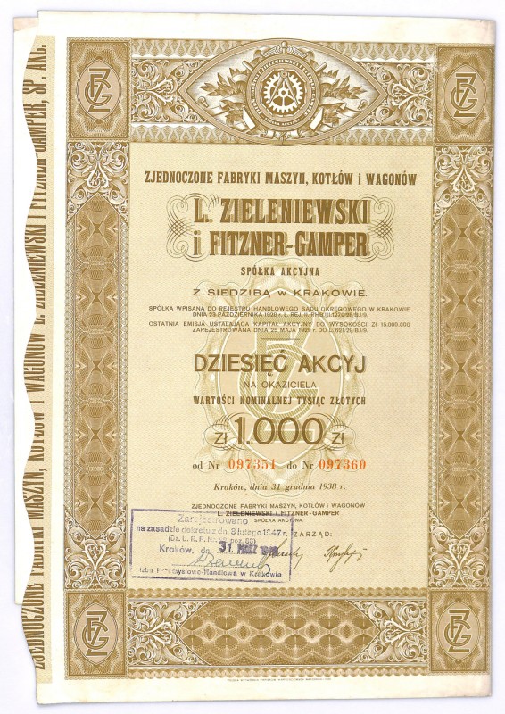 L. Zieleniewski i Fitzner - Gamper SA, 10 x 1.000 złotych 1938 Rzadziej spotykan...