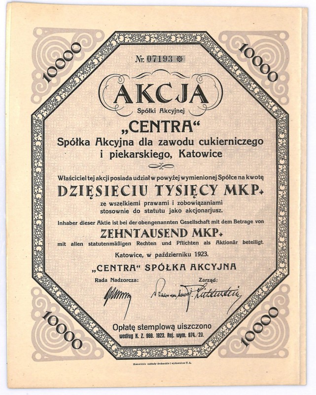 Centra Katowice, 10.000 marek 1923 Ceniony walor spożywczej spółki z Katowic. Co...