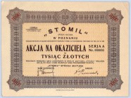 Stomil SA, Em.I, Seria A, 1000 złotych 1933 'Dawca' nazwy dla całego powojennego zjednoczenia przemysłu gumowego pochodził z Poznania, ale znaczne inw...