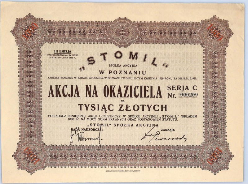 Stomil SA, Em.III, Seria C, 1000 złotych 1935 'Dawca' nazwy dla całego powojenne...
