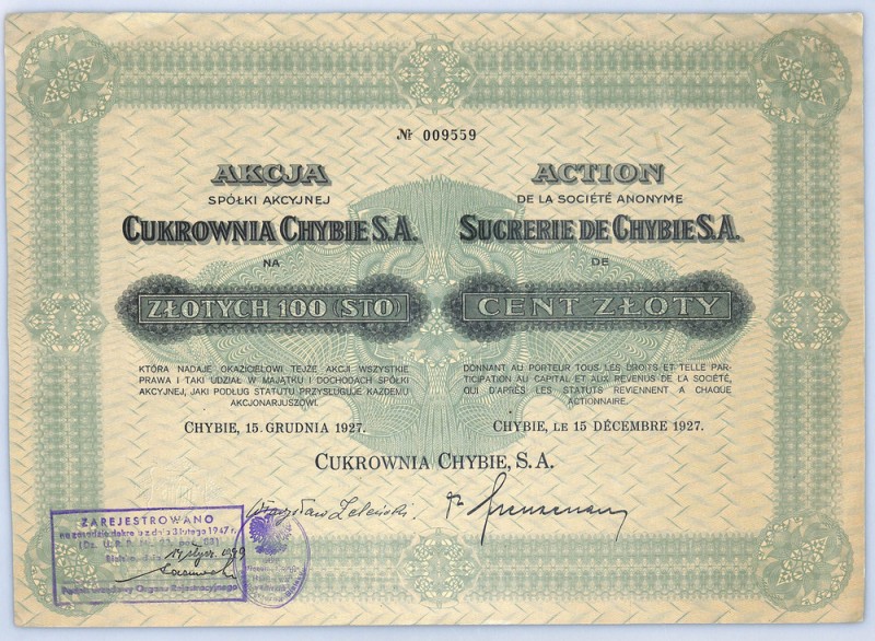 Cukrownia Chybie SA, 100 złotych 1927 Cukrownie zawsze wzbudzały entuzjazm wśród...