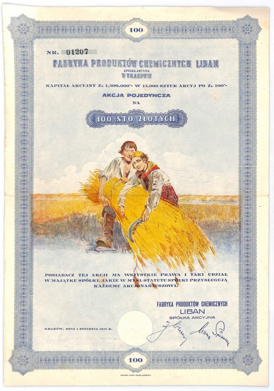 Fabryka Produktów Chemicznych LIBAN S.A. w Krakowie, 100 złotych 1925 Efektowny ...