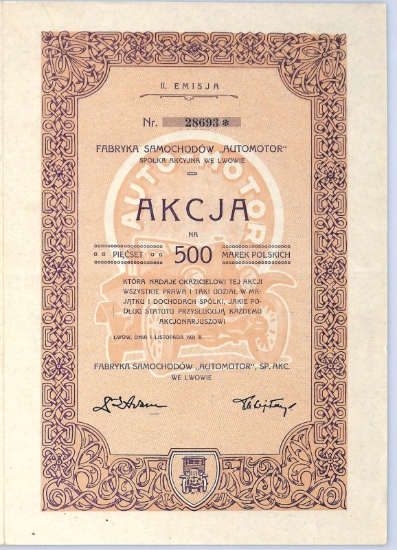 Automotor SA, Fabryka Samochodów, Em.II, 500 złotych 1921 - UNIKALNY WALOR Prawd...