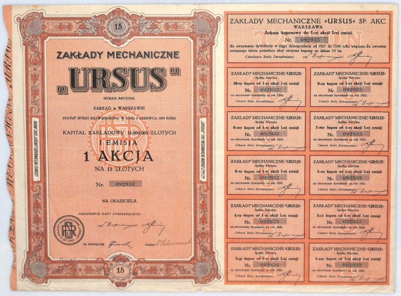 Ursus SA, Zakłady mechaniczne, Em.I, 15 złotych 1927 Nieczęsto spotykana złotowa...