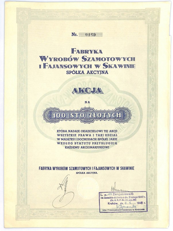 Fabryka Wyrobów Szamotowych i Fajansowych w Skawinie S.A., 100 złotych 1936 - RZ...