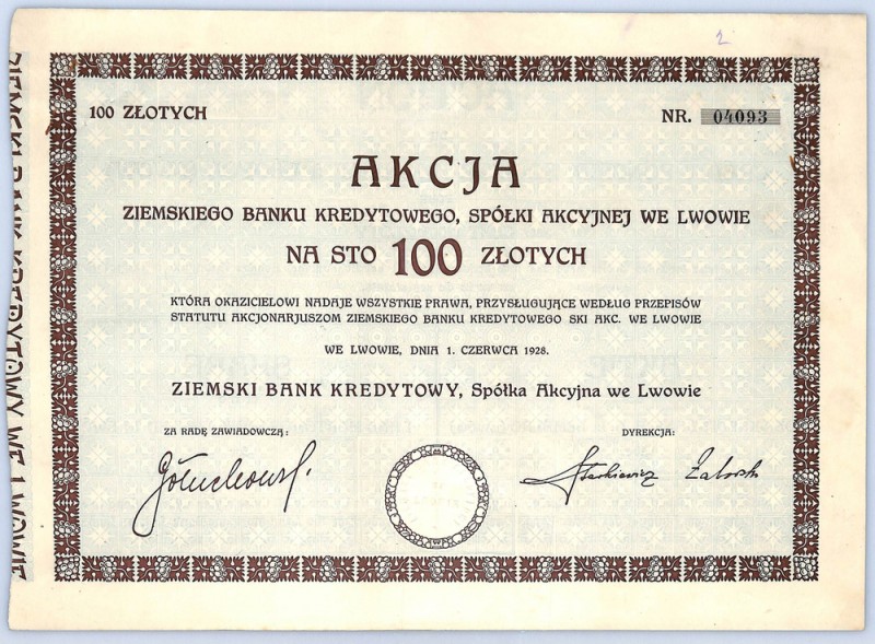 Ziemski Bank Kredytowy SA we Lwowie, 100 złotych 1928 Ziemski Bank Kredytowy we ...