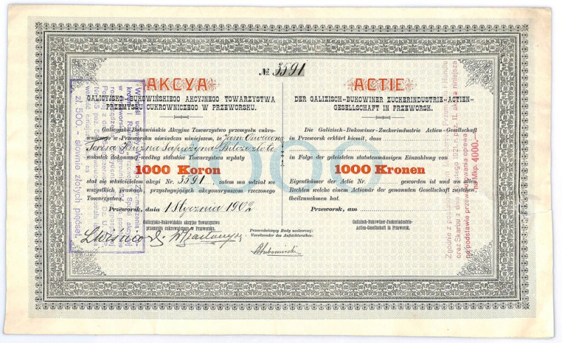 Galicyjsko-Bukowińskie Tow. Akc. Przemysłu Cukrowniczego w Przeworsku, 1000 koro...