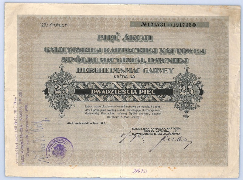 Galicyjska Karpacka Naftowa SA, 5 x 25 złotych 1926 Charakterystyczna, gdyż jedn...