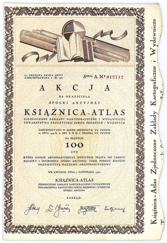 SA Książnica ATLAS Zjednoczone, Em.1, 100 złotych 1930 Emblematyczne 'art deco' ...