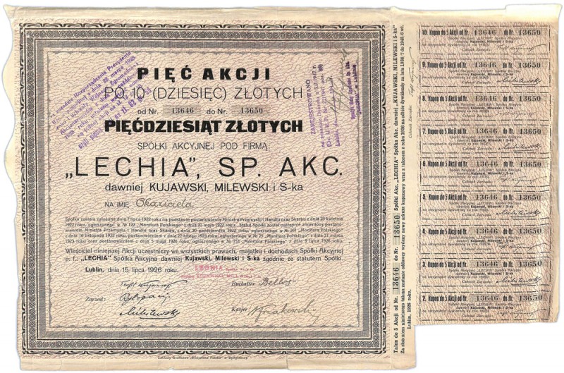 Lechia SA, 5 x 10 złotych 1926 Przemysł w Lublinie nie był tak rozwinięty jak w ...