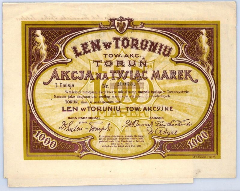 LEN w Toruniu Tow. Akc. Toruń, Em.I, 1000 marek 1921 Efektowna akcja, nieczęsto ...
