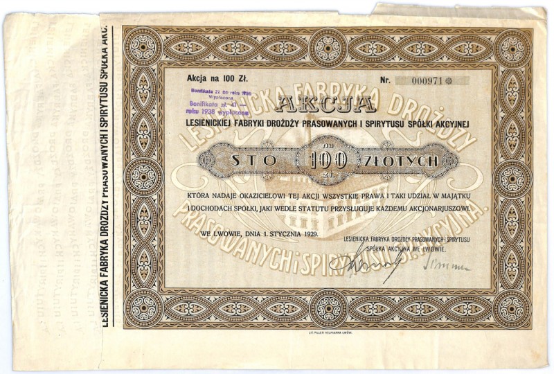Lesienicka Fabryka Drożdży Prasownych i Spirytusu S.A., 100 złotych 1929 Lwowian...