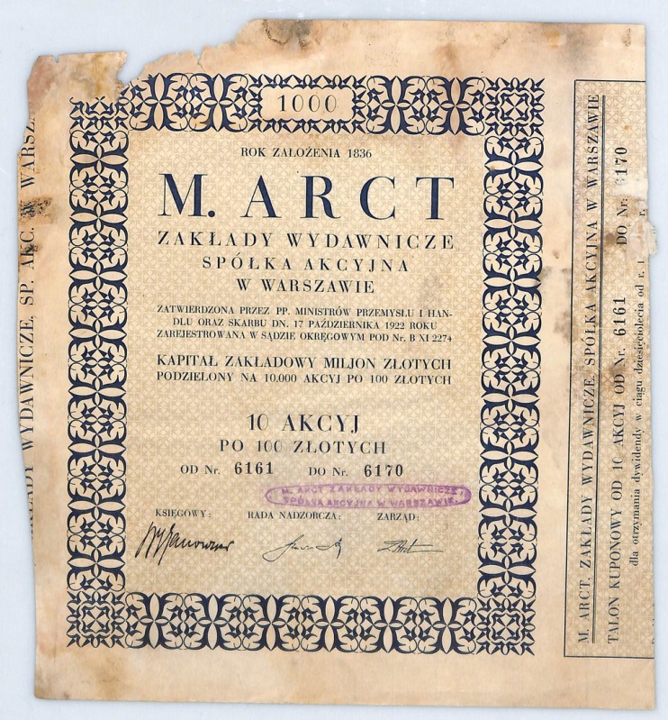 M.Arct Zakłady Wydawnicze SA, 10 x 100 złotych 1929 Zasłużone dla polskiej książ...