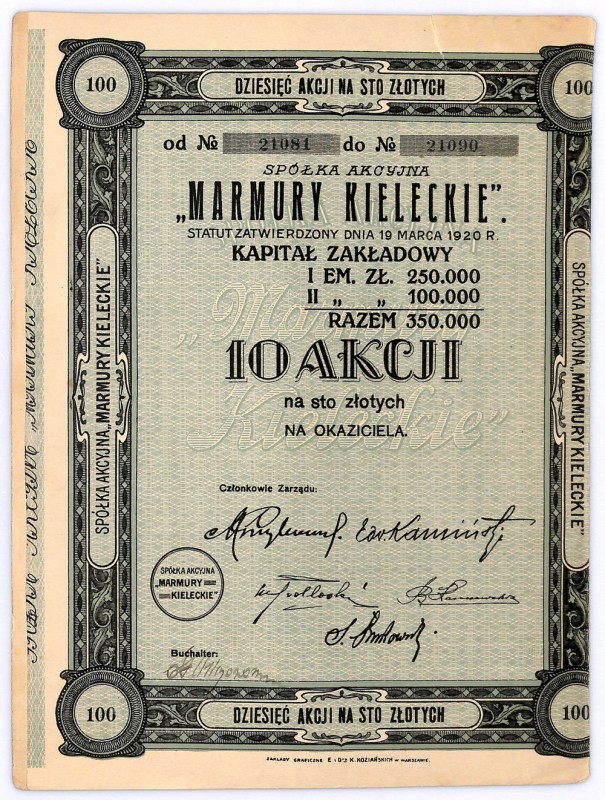 S.A. Marmury Kieleckie, 10 x 100 złotych 1920 W Górach Świętokrzyskich do dziś d...