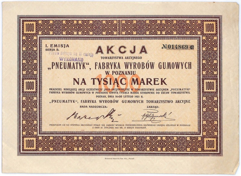 Tow. Akc. PNEUMATYK Fabryka Wyrobów Gumowych w Poznaniu, Em.1, 1000 marek 1921 D...
