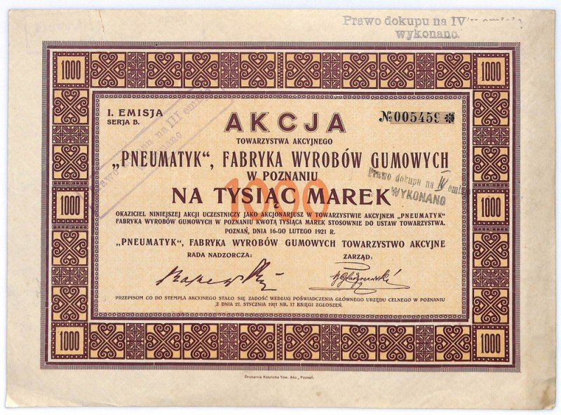 Tow. Akc. PNEUMATYK Fabryka Wyrobów Gumowych w Poznaniu, Em.1, 1000 marek 1921 D...