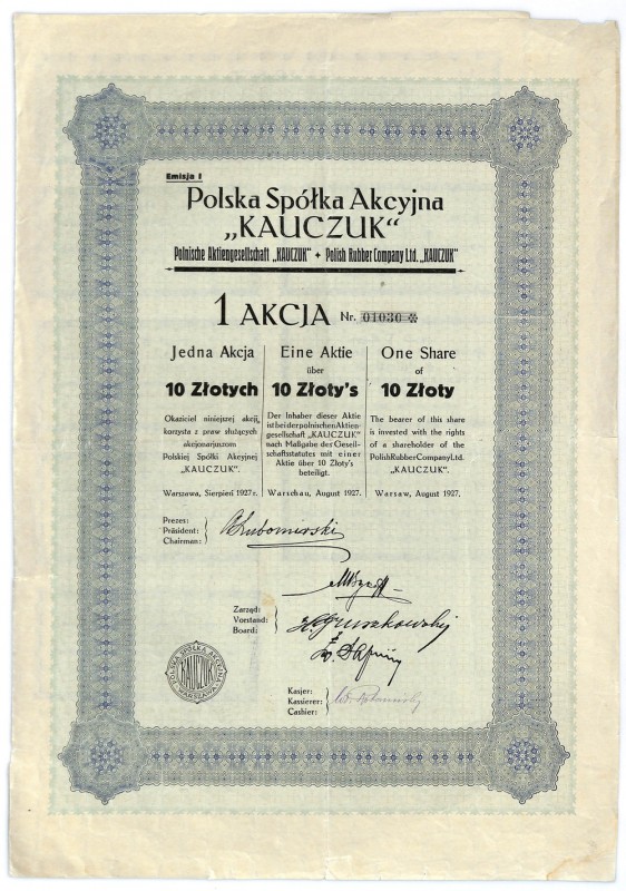 Polska SA KAUCZUK, 10 złotych 1927 Akcja bardzo dużego formatu, a przez to cieka...