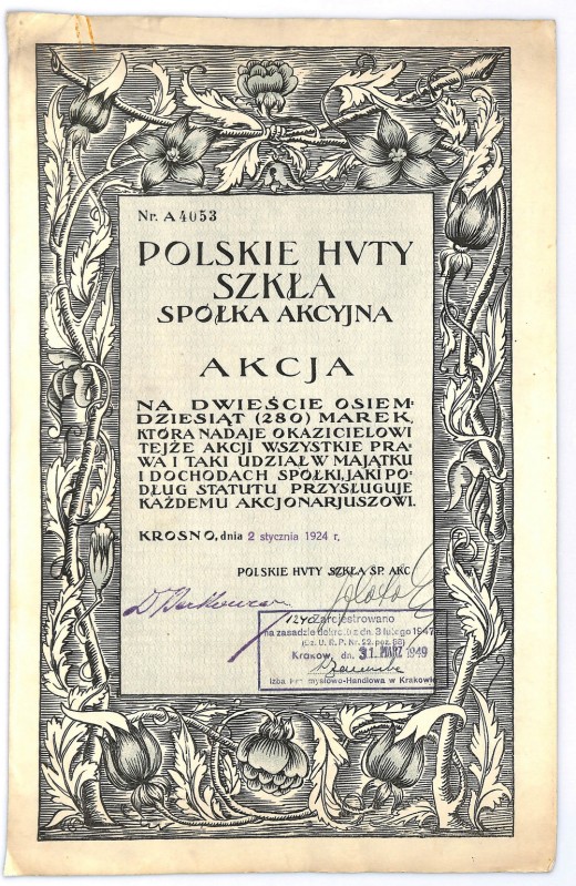 Polskie Huty Szkła SA, 280 marek 1924 - rzadsza Prześliczna akcja i mimo, że pro...