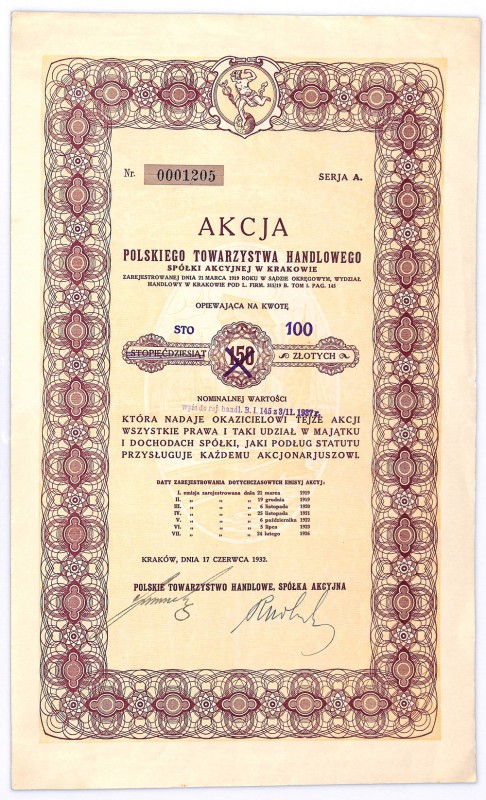 Polskie Towarzystwo Handlowe w Krakowie, 150/100 złotych 1932 Kolejna spółka han...